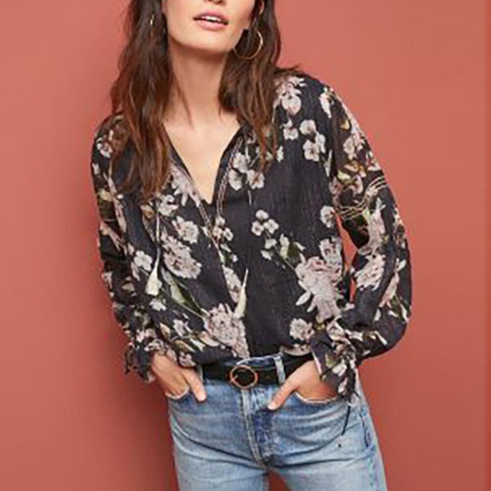 ANTHROPOLOGIE Effie Peasant Top, Black Motif, XS
